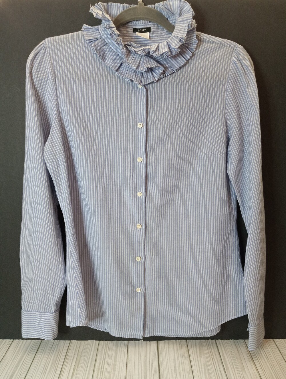 J. Crew Blue and White Striped Ruffle Collar Button Up Preppy Long Sleeve Shirt